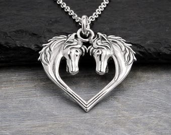 Sterling Silver Horse Heart Necklace, 925 Horses in Heart Pendant, Horse Lover Necklace, Heart Shaped Horse Charm, Equestrian Gift