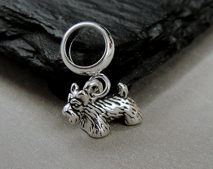 925 Sterling Silver Scottish Terrier Dangle Bead Charm, Tiny Scottie Dog European Charm, Bracelet Charm, Large Hole Bead, Scottie Dog Gift