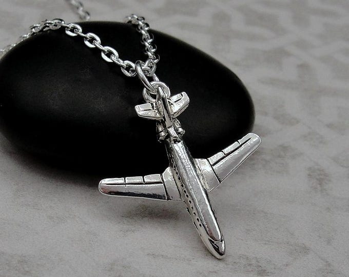 Silver Airplane Necklace, Jet Plane Necklace, 3D Airplane Charm, 3D Jet Charm, Pilot Charm, Flight Attendant Gift , Boeing 747 Charm