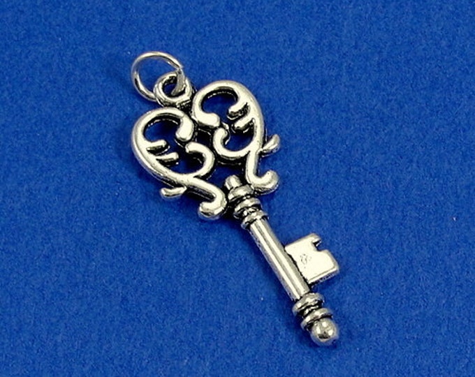 Decorative Heart Key Charm - Silver Plated Love Romance Heart Key Charm for Necklace or Bracelet