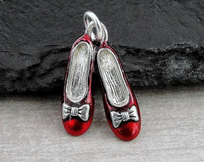Ruby Slippers Charm, Silver and Red Ruby Slippers Necklace, Red Shoes Charm, Ruby Slippers Necklace, 3D Red Ballerina Slippers Charm