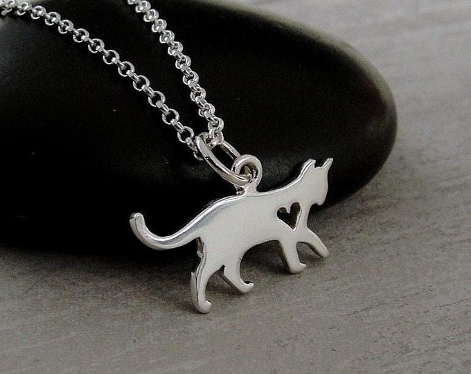 Cat Heart Necklace, Sterling Silver Cat Heart Charm on a Silver Cable Chain, Kitty Heart Necklace, Cat Silhouette Charm, Cat Lover Gift