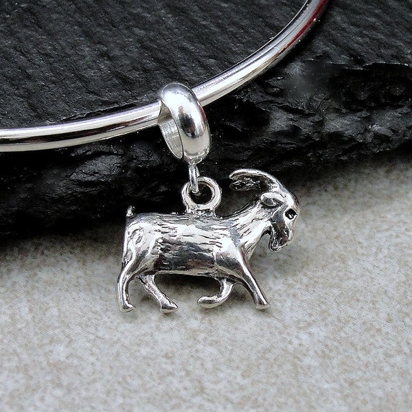 Goat Dangle Bead Charm, Sterling Silver Goat European Charm, 3D Goat Charm with Bail, Snake Bracelet Charm, Large Hole Bead, Goat Gift