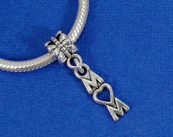 Love Mom European Dangle Bead Charm - Silver Love Mom Charm for European Bracelet