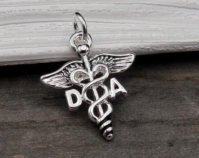 Dental Assistant Charm, Silver DA Caduceus Charm, Dental Assistant Pendant, Dental Assistant Symbol, Dental Assistant Gift