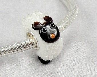 Sheep Large Hole Lampwork Glass Bead - 925 Sterling Silver European Bead Charm