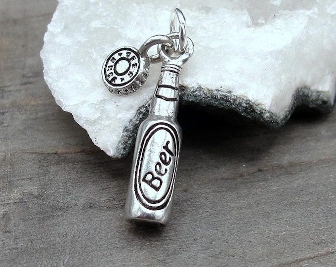 Beer Bottle Charm, Silver 3D Beer Bottle Pendant, 3D Beer Mug Charm, Beer Drinker Jewelry, Bartender Gift, Brewer Gift, Beer Jewelry