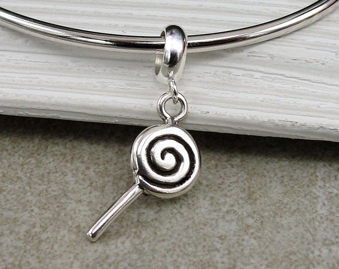 Lollipop European Charm, Sterling Silver Lollipop Dangle Charm, Lollipop Charm with Bail, Candy Charm, Snake Bracelet Charm, Large Hole Bead