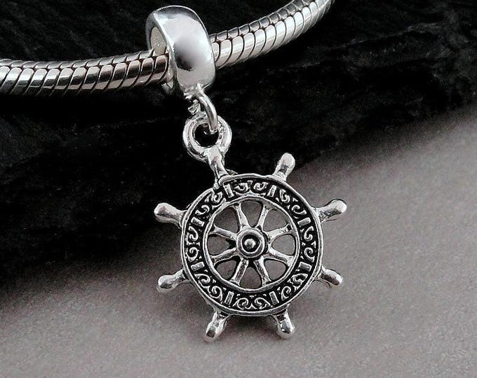 Captain's Wheel European Charm, Silver Ship Wheel Dangle Charm, Ship Wheel Charm with Bail, Ship Helm Charm, Nautical Charm, Sailing Charm