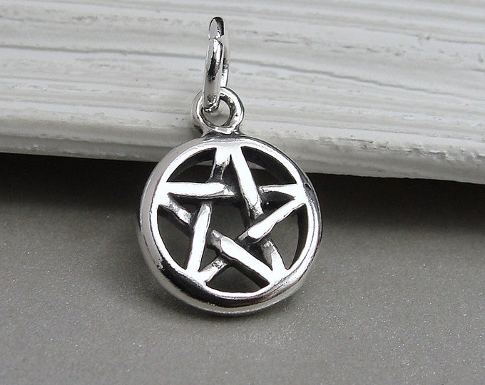 Pentacle Charm, 925 Sterling Silver Pentagram Charm for Necklace or Bracelet, Pagan Charm, Wiccan Charm, Five Point Star Charm