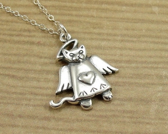 Cat Angel Necklace, Sterling Silver Angel Cat Charm on a Silver Cable Chain