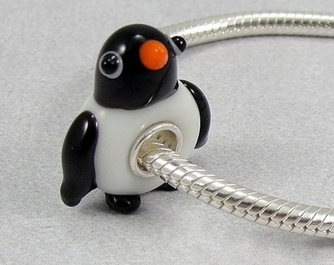 Penguin Large Hole Lampwork Glass Bead - 925 Sterling Silver European Bead Charm