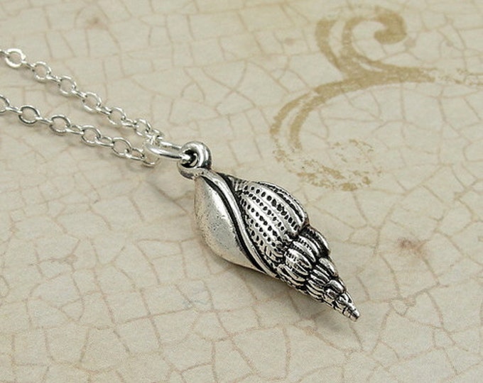 Spiral Conch Seashell Necklace, Silver Plated Spindle Shell Charm on a Silver Cable Chain