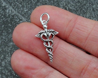 Caduceus Charm, 925 Sterling Silver Medical Symbol Charm for Necklace or Bracelet, Nurse Charm, Doctor Charm, Nurse Gift, Doctor Gift