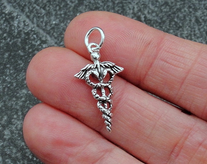 Caduceus Charm, 925 Sterling Silver Medical Symbol Charm for Necklace or Bracelet, Nurse Charm, Doctor Charm, Nurse Gift, Doctor Gift