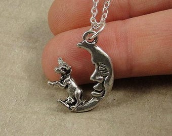 The Cow Jumped Over The Moon Necklace , Silver Cow Jumped Over the Moon Charm on a Silver Cable Chain