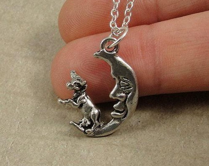 The Cow Jumped Over The Moon Necklace , Silver Cow Jumped Over the Moon Charm on a Silver Cable Chain