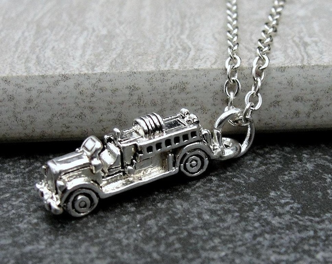 Silver Fire Engine Necklace, Fire Truck Necklace, Fire Engine Charm, Firetruck Charm, Firefighter Charm Necklace, Firefighter Gift Jewelry