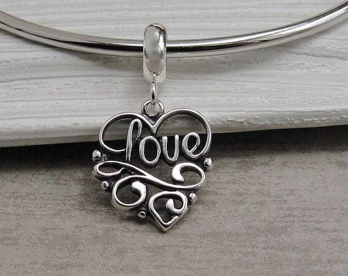 Heart Shaped Love Dangle Bead Charm, 925 Sterling Silver Fancy Heart European Charm, Valentine's Day Charm, Bracelet Charm, Large Hole Bead