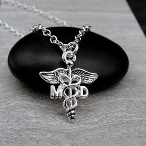 MD Caduceus Necklace, Silver Medical Doctor Symbol Necklace, MD Charm, MD Necklace, Doctor Charm, Doctor Gift, Doctor Jewelry