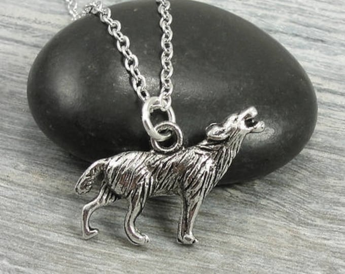 Howling Wolf Necklace, Silver Wolf Charm on a Silver Cable Chain