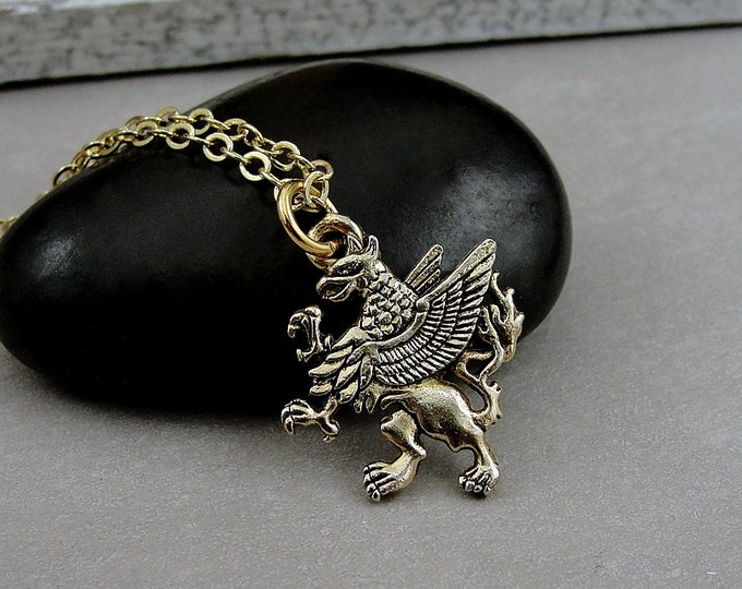 Griffin Necklace, Gold Griffin Charm Necklace, Griffin Pendant, Griffin Jewelry, Gryphon Necklace, Magestic Bird Charm, Griffin Themed Gift