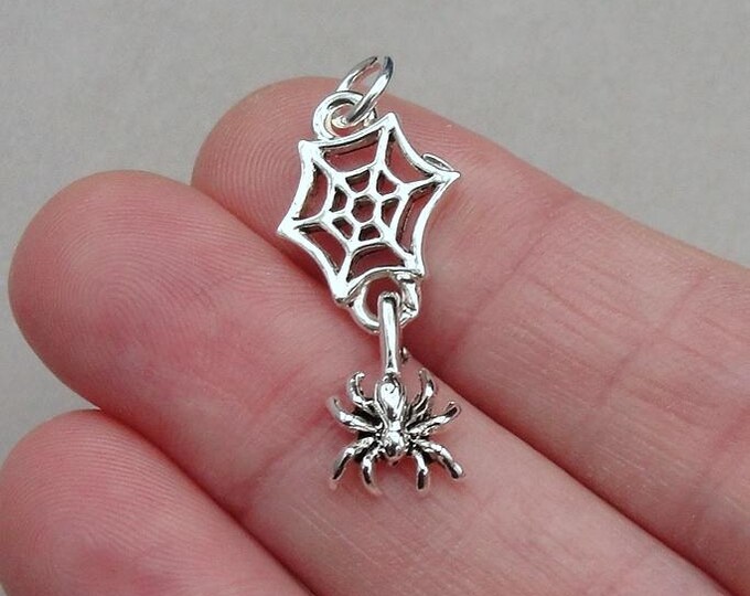 Spider Web Charm, Silver Plated Dangling Spider on Web Necklace Charm, Halloween Charm, Spider Charm, Spider GIft, Halloween Jewelry