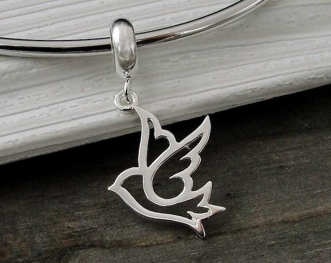 Peace Dove European Charm, 925 Sterling Silver Peace Dove Dangle Charm, Dove Charm with Bail, Peace Bird Charm, Snake Bracelet Charm