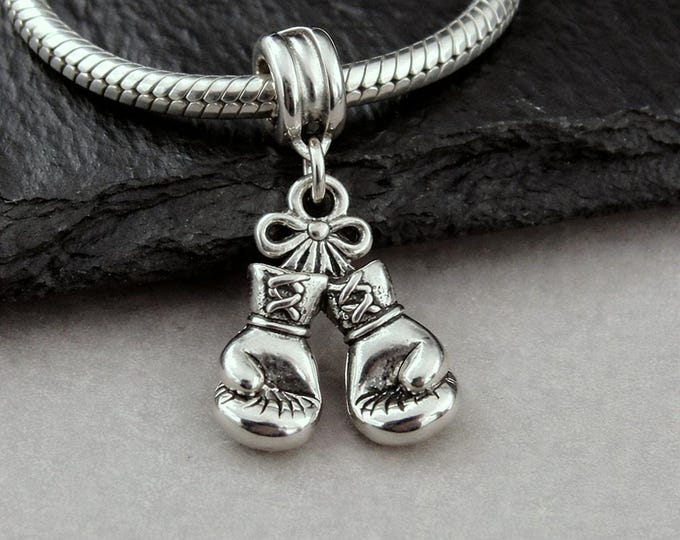 Boxing Gloves European Charm, Silver Boxing Gloves Dangle Charm, Boxer Charm with Bail, Boxing Bracelet Charm, Boxing Gloves Large Hole Bead