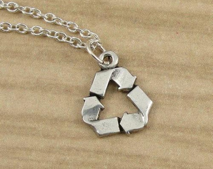 Recycle Symbol Necklace, Silver Plated Recycling Charm on a Silver Cable Chain