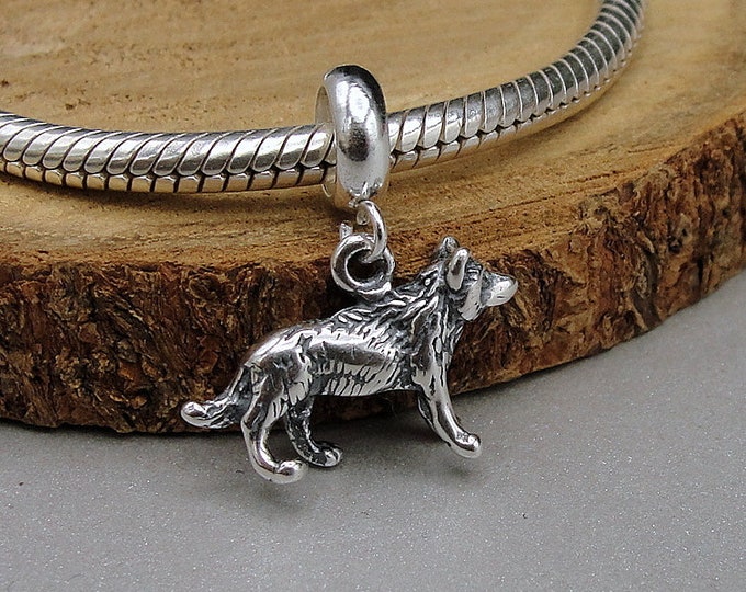 Sterling Silver Wolf Dangle Bead Charm, Wolf European Charm, 925 3D Wolf Charm, SIberian Husky Charm, Bracelet Charm, Large Hole Bead