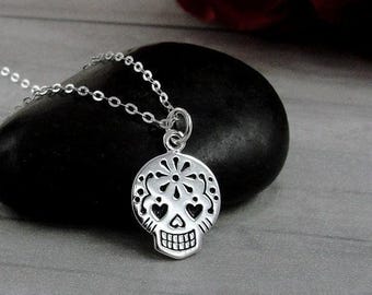 CLOSEOUT - Silver Sugar Skull Necklace, Candy Skull Charm Necklace, Day of the Dead Charm Necklace, Halloween Necklace Jewelry
