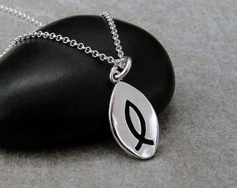Christian Fish Necklace, 925 Sterling Silver Jesus Fish Charm Necklace, Ichthys Fish Charm, Religious Necklace, Fish Symbol Charm Necklace