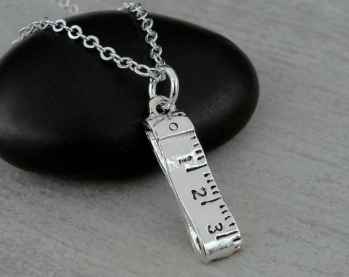 Measuring Tape Necklace, Silver Plated Tape Measure Charm Necklace, Sewing Charm Necklace, Quilting Charm, Gift for Quilter or Seamstress