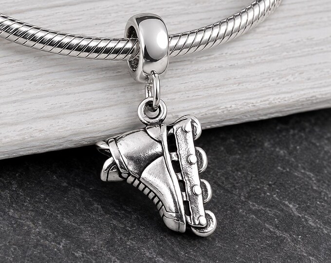 Inline Skate European Charm, 925 Sterling Silver Rollerblade Dangle Charm, Rollerblades Charm with Bail, Roller Hockey Charm, Skater Gift