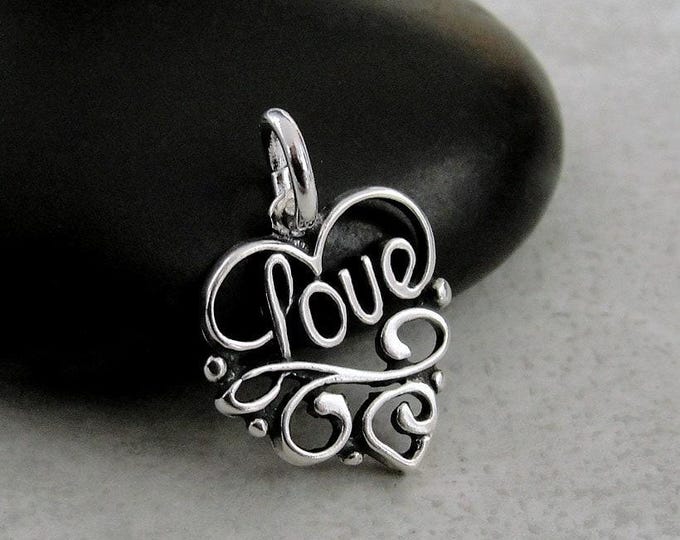 Heart Shaped Love Charm, 925 Sterling Silver Heart Script Charm, Valentine's Day Charm, Fancy Heart Charm, Bracelet Charm, Necklace Charm