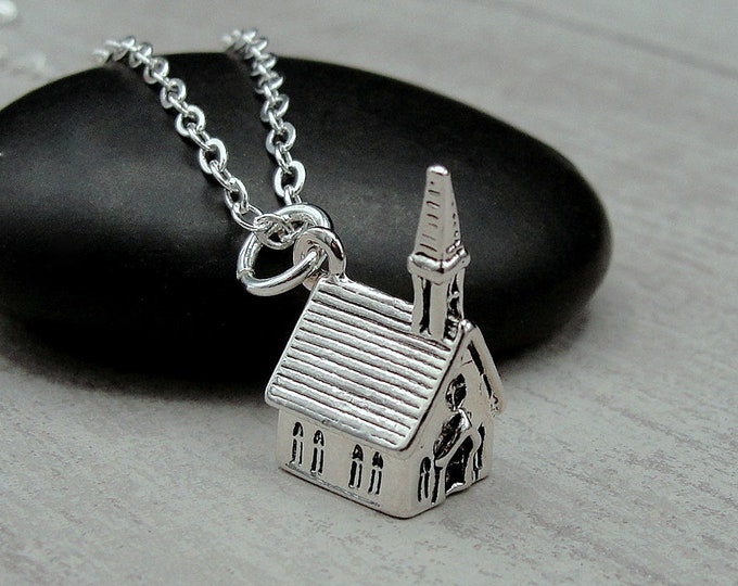 Church Necklace, Silver Plated 3D Church Charm Necklace, Wedding Chapel Charm Necklace, Religion Charm, Bible School Charm, Religion Gift