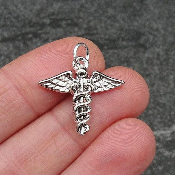 Medical Caduceus Charm, Silver Caduceus Symbol Charm for Necklace