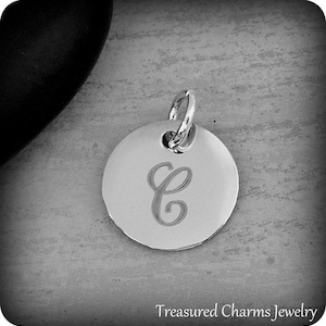Stainless Steel Letter C Charm, Silver Engraved Letter C Round Disc Initial Charm, Cursive C Charm, Engraved Alphabet Script Font Pendant