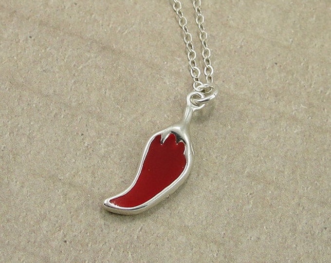 Red Chili Pepper Necklace, Sterling Silver Red Hot Chili Pepper Charm on a Silver Cable Chain