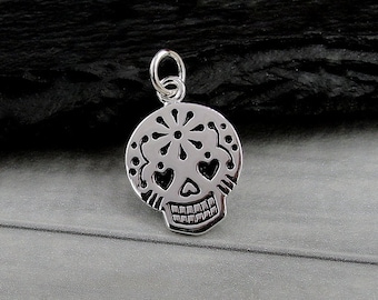 CLOSEOUT - Silver Sugar Skull Charm, Candy Skull Charm, Day of the Dead Charm, Halloween Charm Jewelry, Dia de los Muertos Charm