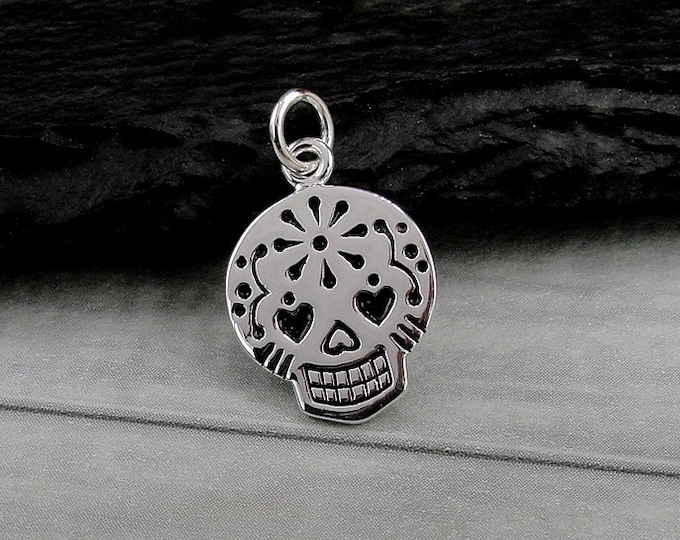 CLOSEOUT - Silver Sugar Skull Charm, Candy Skull Charm, Day of the Dead Charm, Halloween Charm Jewelry, Dia de los Muertos Charm