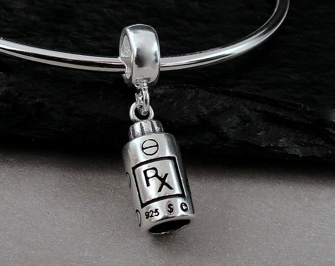 Sterling Silver RX Pill Bottle Dangle Bead Charm, 3D Pill Container Charm, Pharmacist Charm, RX Charm, Bracelet Charm, Large Hole Bead