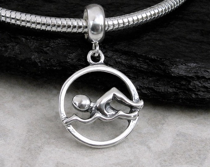 Swimmer Dangle Charm, Sterling Silver Swimming European Pendant, Snake Bracelet Charm, Large Hole Bead, Swimmer Gift
