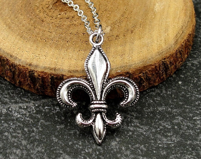 Fleur de Lis Necklace, Silver Plated Fleur de Lys Charm Necklace, Mardi Gras Necklace, Mardi Gras Charm, Fleur De Lys Gift Jewelry