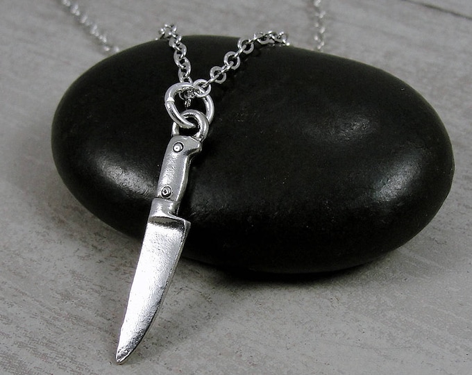 Miniature Chef Knife Necklace, Silver Knife Charm on a Silver Cable Chain