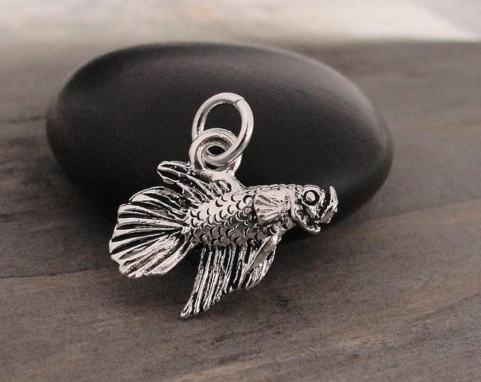 Betta Charm, Silver 3D Betta Fish Charm, Siamese Fighting Fish Charm, Betta Necklace Charm, Betta Bracelet Charm, Betta Gift, Betta Jewelry