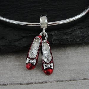 Ruby Slippers European Charm, Silver and Red Ruby Slippers Dangle Charm, Red Shoes Charm with Bail, Ballerina Shoes Charm, Large Hole Bead