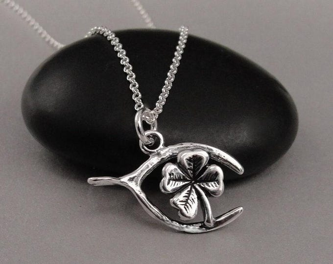 Sterling Silver Wishbone Clover Necklace, Wishbone Charm Necklace, Lucky Charm Necklace, Thanskgiving Charm Necklace, Good Luck Charm