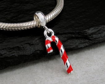 Candy Cane European Charm, Silver and Red Candy Cane Dangle Charm, 3D Candy Cane Charm with Bail, Christmas Charm, Peppermint Charm Jewelry